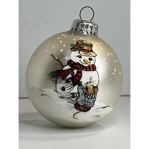 Vintage West Germany Hand Painted Ornament, Snow Scene Snowman And Mouse Signed